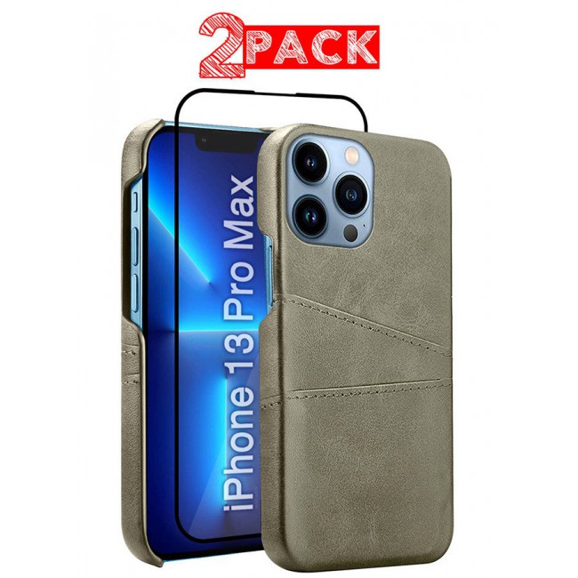 CATANES iPhone 13 Pro Max 2Packs Case Cover Leather with Card Holder for Men Women Phone Case with 3D Screen Protector - Grey