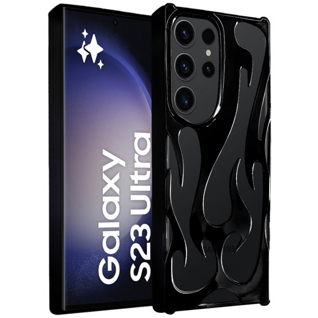 CATANES Galaxy S23 Ultra Case Cover Soft TPU and Glossy with Flame Design - Black