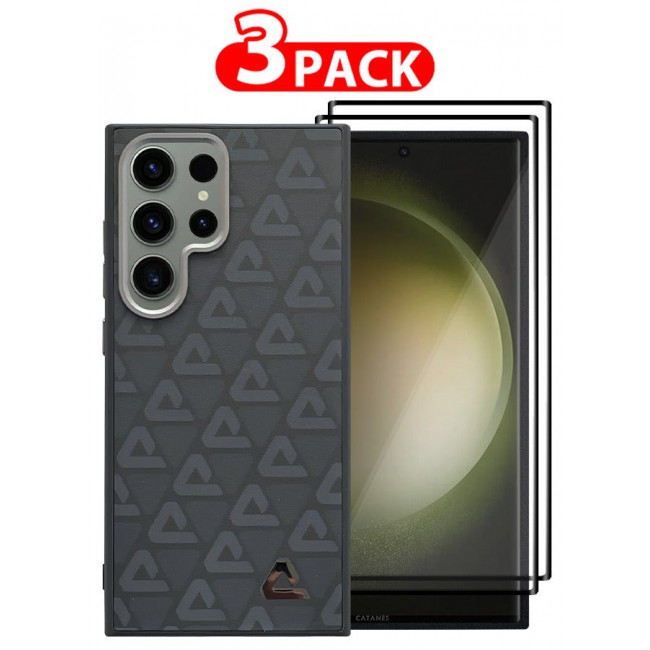 CATANES (for Samsung Galaxy S23 Ultra) 3 Pack Case and 2 Screen Protectors Leather Back Cover Triangle Pattern Shockproof Protective Phone Case Black