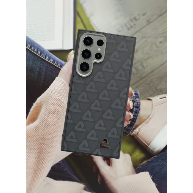 CATANES (for Samsung Galaxy S23 Ultra) 3 Pack Case and 2 Screen Protectors Leather Back Cover Triangle Pattern Shockproof Protective Phone Case Black