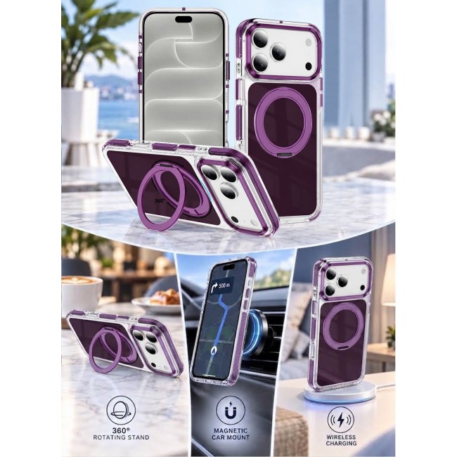 CATANES Magnetic Case For iPhone 18 Pro Max Clear TPU Cover with 360-Degree Rotating Ring Kickstand - Burgundy