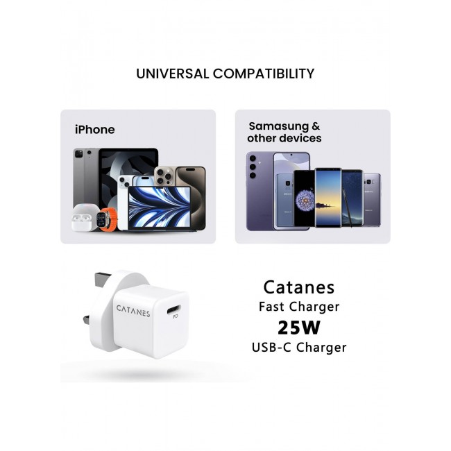CATANES 25W Fast Charger Type C 3Pin for iPhone Samsung and all Universal Mobile Phones and Digital Devices / White