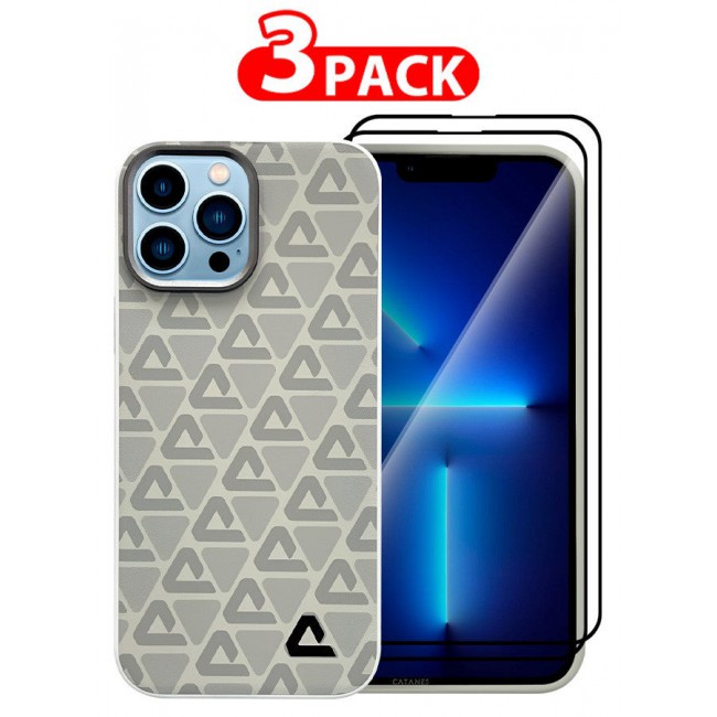 CATANES (for iPhone 13 Pro Max) 3 Pack Case and 2 Screen Protectors Leather Back Cover Triangle Pattern Shockproof Protective Phone Case Light Beige