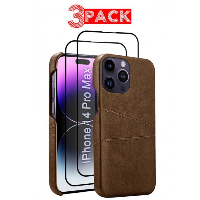 CATANES iPhone 14 Pro Max 3Packs Case Cover Leather with Card Holder for Men Women Phone Case with 3D Screen Protector - Brown