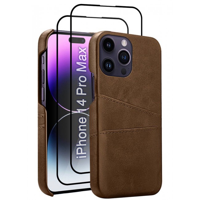 CATANES iPhone 14 Pro Max 3Packs Case Cover Leather with Card Holder for Men Women Phone Case with 3D Screen Protector - Brown