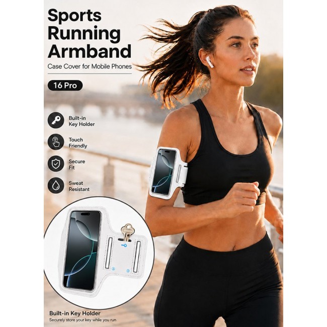 MARGOUN Sports Running Armband Case Compatible with iPhone 16 Pro – Water-Resistant Fitness Wristband Pouch for Gym, Workouts, Jogging with Key Holder and Reflective Strip