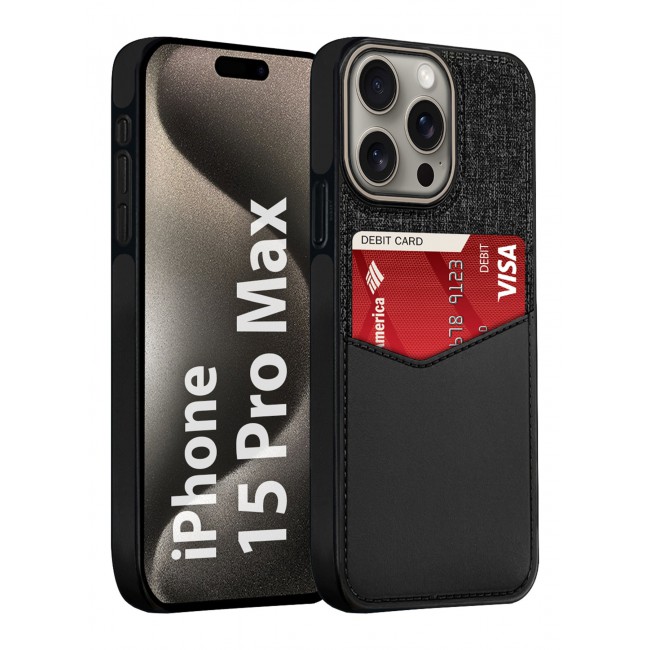 CATANES iPhone 15 Pro Max Card Case Leather Back Cover with Card Holder, Slim and Lightweight, 1-2 Cards - Black