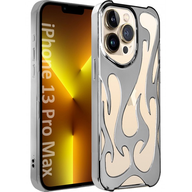 CATANES iPhone 13 Pro Max Case Cover Soft TPU and Glossy with Flame Design - Silver