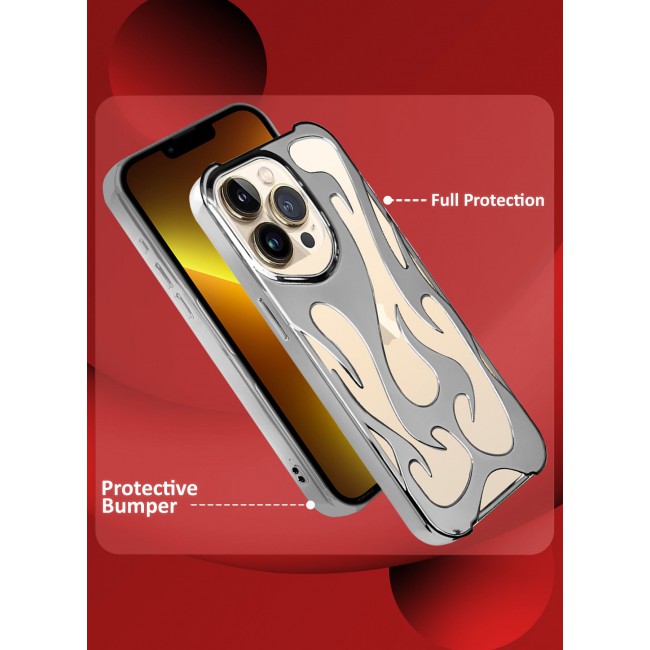 CATANES iPhone 13 Pro Max Case Cover Soft TPU and Glossy with Flame Design - Silver