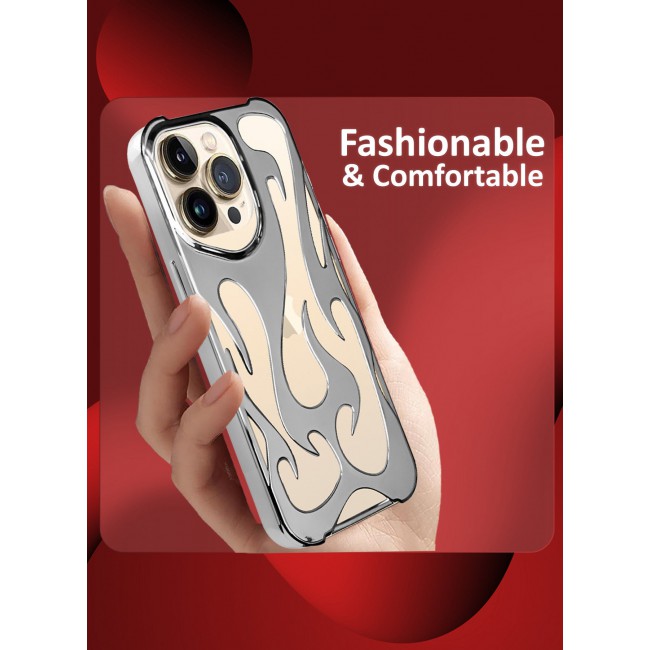 CATANES iPhone 13 Pro Max Case Cover Soft TPU and Glossy with Flame Design - Silver