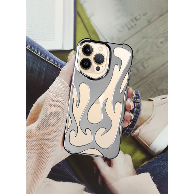 CATANES iPhone 13 Pro Max Case Cover Soft TPU and Glossy with Flame Design - Silver