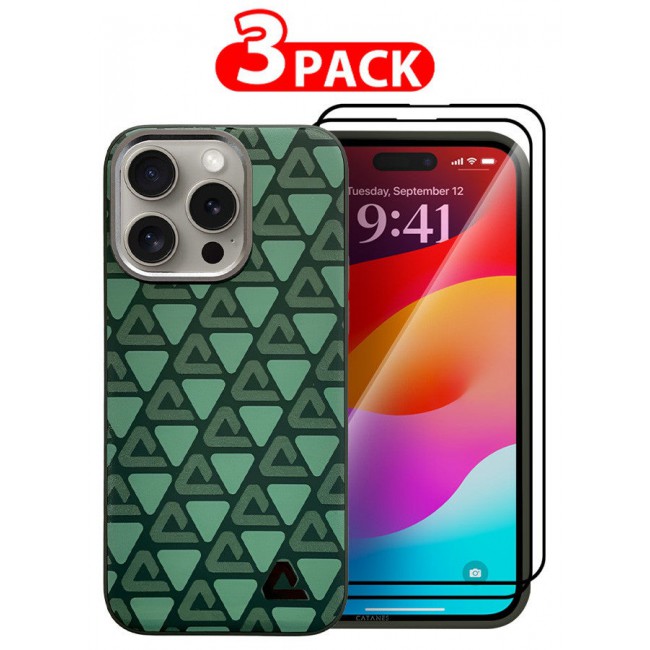 CATANES (for iPhone 15 Pro Max) 3 Pack Case and 2 Screen Protectors Leather Back Cover Triangle Pattern Shockproof Protective Phone Case Green