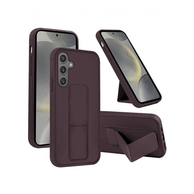 CATANES Samsung Galaxy S24 Case Magnetic Stand and Holder Premium Silicone Vertical and Horizontal Hand Strap Grip Multi Stand Car Mount Kickstand Case Finger Strap Cover Merlot