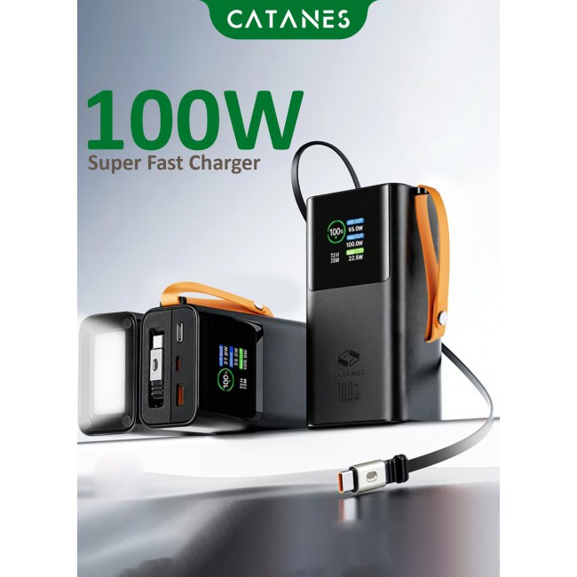 CATANES 30,000mAh Power Bank 100W Super Fast Charging, PD 3.0 Portable Charger with Built-in USB-C Cable & Smart Digital Display, External Battery Pack for MacBook Pro, iPhone 17/16, Samsung S26/S25 Ultra, iPad & Laptops - Black