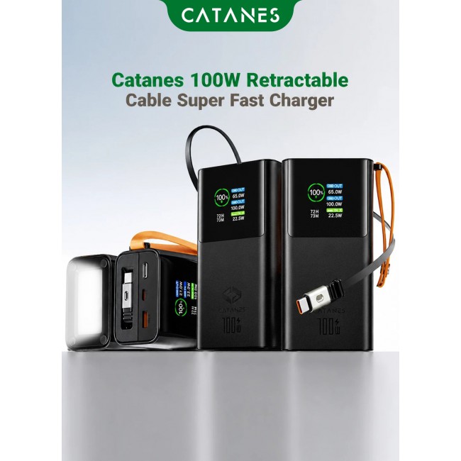 CATANES 30,000mAh Power Bank 100W Super Fast Charging, PD 3.0 Portable Charger with Built-in USB-C Cable & Smart Digital Display, External Battery Pack for MacBook Pro, iPhone 17/16, Samsung S26/S25 Ultra, iPad & Laptops - Black