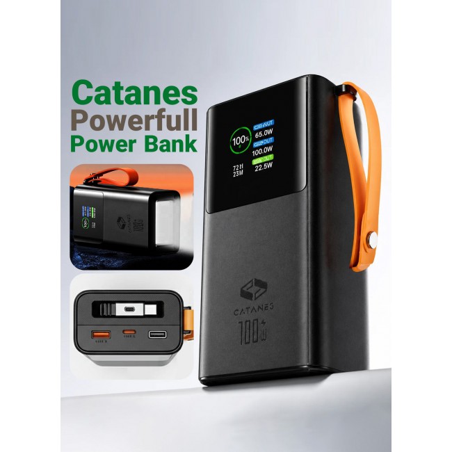 CATANES 30,000mAh Power Bank 100W Super Fast Charging, PD 3.0 Portable Charger with Built-in USB-C Cable & Smart Digital Display, External Battery Pack for MacBook Pro, iPhone 17/16, Samsung S26/S25 Ultra, iPad & Laptops - Black