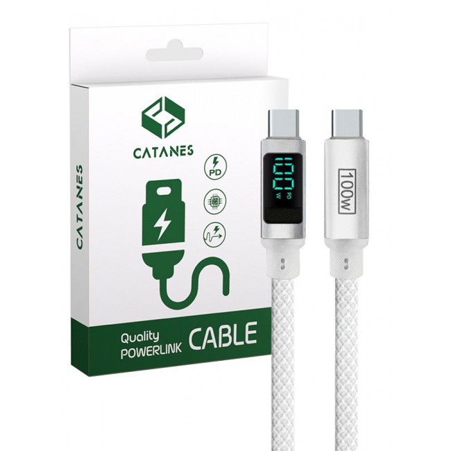 CATANES 100W Fast Charging Cable USB-C to USB-C - Built-in Power Display, PD 3.0 & Durable Braided Design 1M - White
