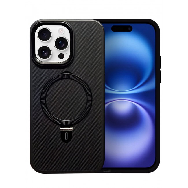 CATANES ( for iPhone 16 Pro Max ) Case, Carbon Fiber Texture, Metal Bracket, Magsafe Kickstand Case Cover - Black