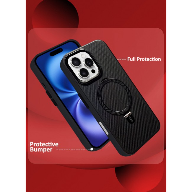 CATANES ( for iPhone 16 Pro Max ) Case, Carbon Fiber Texture, Metal Bracket, Magsafe Kickstand Case Cover - Black