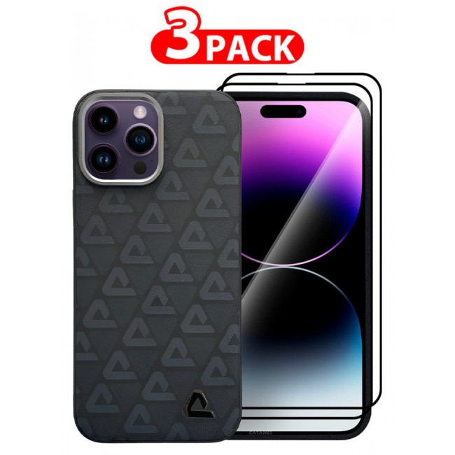 CATANES (for iPhone 14 Pro Max) 3 Pack Case and 2 Screen Protectors Leather Back Cover Triangle Pattern Shockproof Protective Phone Case Black