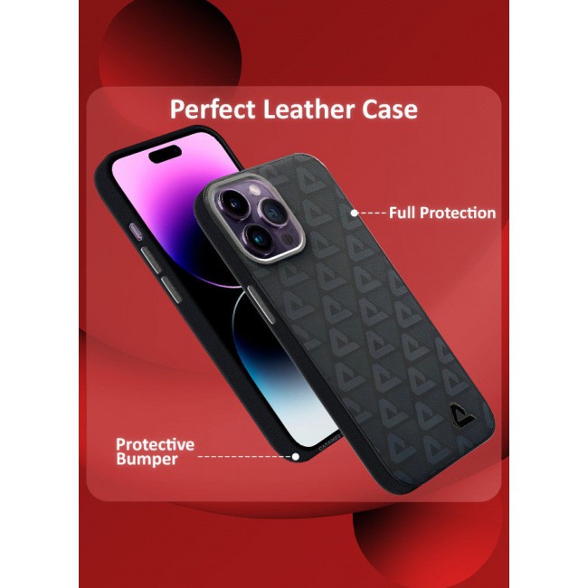 CATANES (for iPhone 14 Pro Max) 3 Pack Case and 2 Screen Protectors Leather Back Cover Triangle Pattern Shockproof Protective Phone Case Black