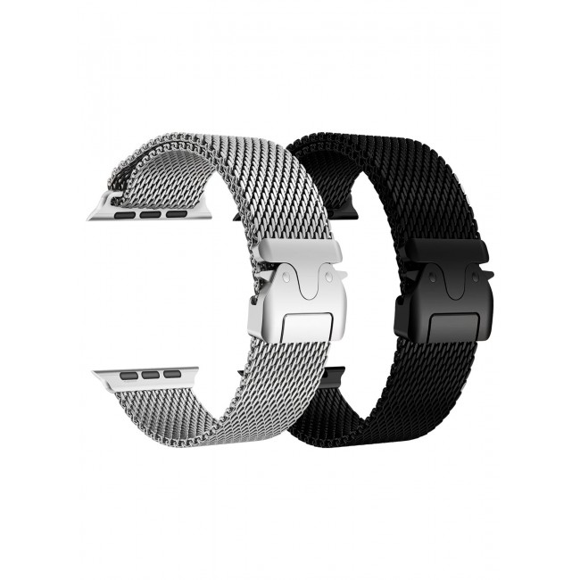 CATANES 2Packs Milanese Loop for Apple Watch Band Ultra 2 Band Ultra 49mm 46mm 45mm 44mm, Parachute-Style Buckle Stainless Steel Mesh Metal Band for iWatch Series 10-1 SE - Black Natural Titanium