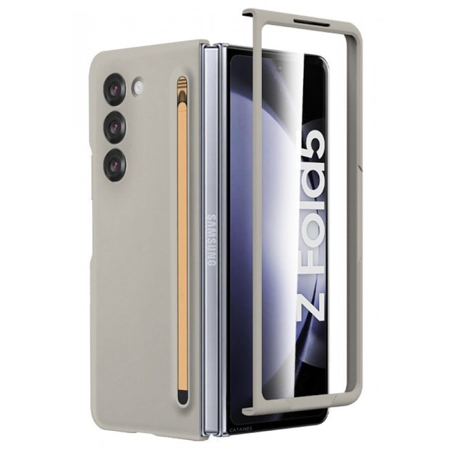 CATANES (for Samsung Galaxy Z Fold 5) Case with Screen Protector Ultra Hybrid Premium Case with Built-in New Compact S Pen, Holder and Storage Slot for Pen Sand Grey