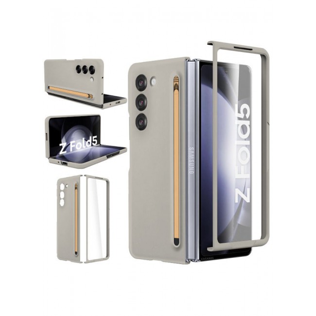 CATANES (for Samsung Galaxy Z Fold 5) Case with Screen Protector Ultra Hybrid Premium Case with Built-in New Compact S Pen, Holder and Storage Slot for Pen Sand Grey