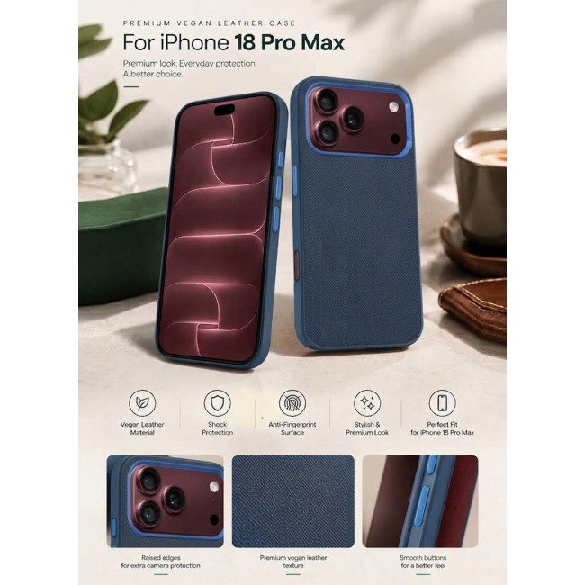 CATANES Vegan Leather Case for iPhone 18 Pro Max Protective Shockproof Back Cover - Blue