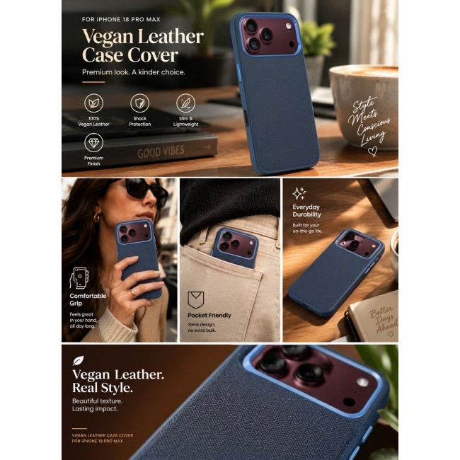 CATANES Vegan Leather Case for iPhone 18 Pro Max Protective Shockproof Back Cover - Blue