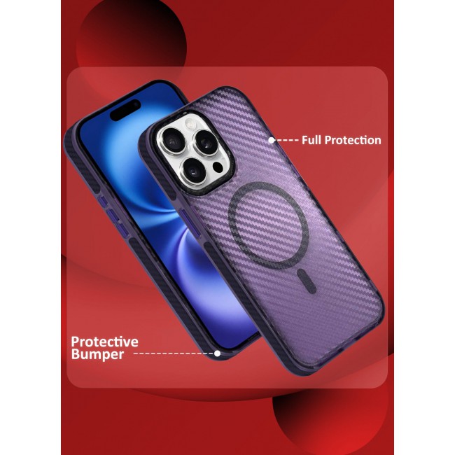 CATANES (for iPhone 15 Pro Max) Magsafe Case Cover Carbon Fiber Magnetic Strong Shockproof Protective Slim Thin Cover Transparent Matte - Purple Color