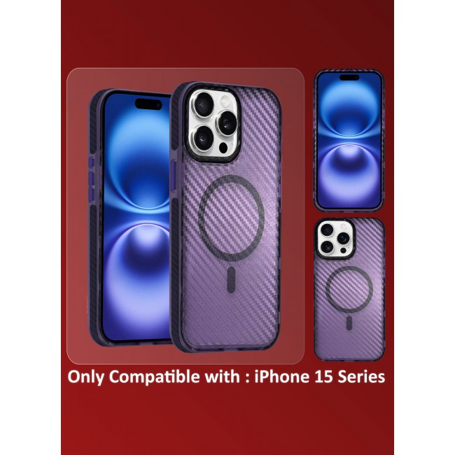 CATANES (for iPhone 15 Pro Max) Magsafe Case Cover Carbon Fiber Magnetic Strong Shockproof Protective Slim Thin Cover Transparent Matte - Purple Color