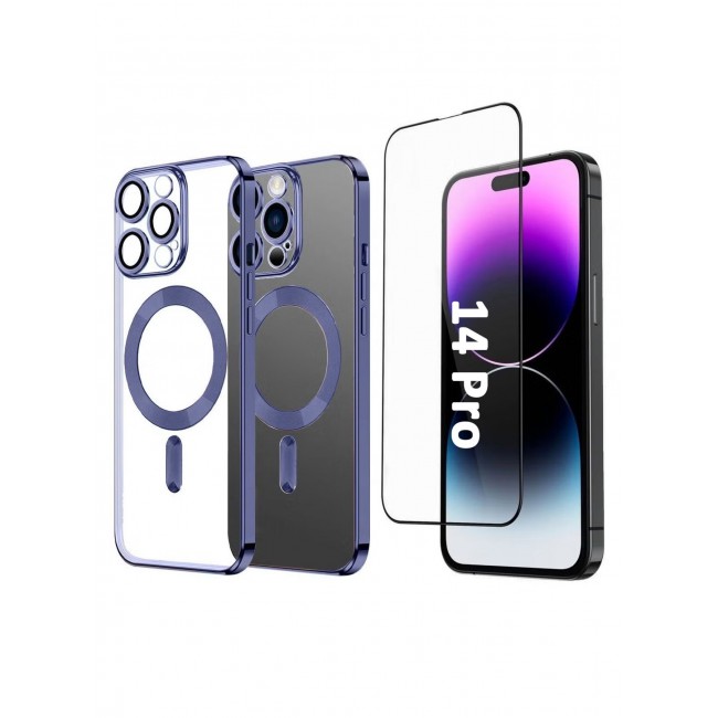 CATANES 2Pack for iPhone 14 Pro Magsafe Case and Screen Protector Clear Electroplating Frame Wireless Charging Cover with Tempered Glass Violet/Clear