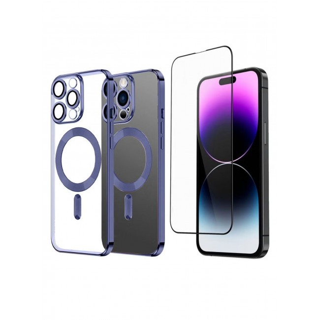 CATANES 2Pack for iPhone 14 Pro Magsafe Case and Screen Protector Clear Electroplating Frame Wireless Charging Cover with Tempered Glass Violet/Clear