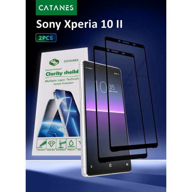 CATANES 2 PACK Screen Protector for Sony Xperia 10 II Tempered Glass, Scratch-Resistant, 9H Hardness High-Definition Clear Guard, Black Side