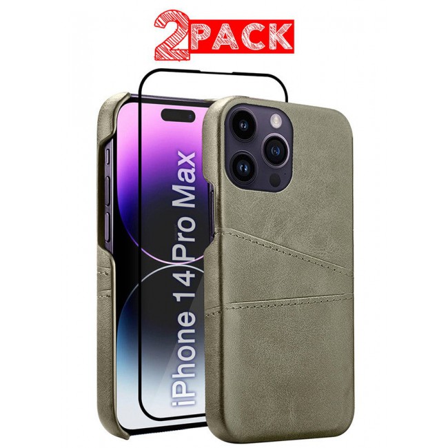 CATANES iPhone 14 Pro Max 2Packs Case Cover Leather with Card Holder for Men Women Phone Case with 3D Screen Protector - Grey