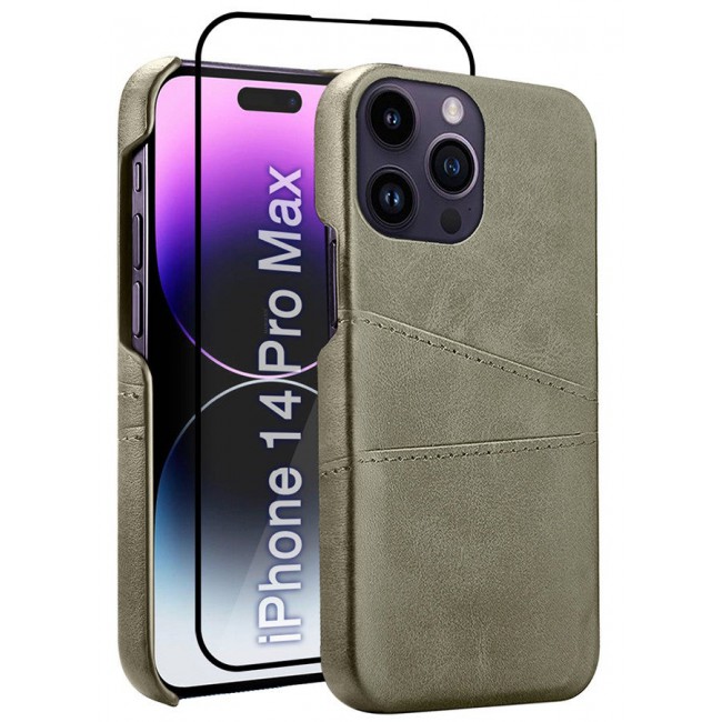 CATANES iPhone 14 Pro Max 2Packs Case Cover Leather with Card Holder for Men Women Phone Case with 3D Screen Protector - Grey