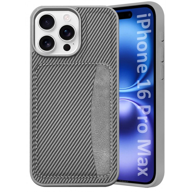 CATANES iPhone 16 Pro Max Case Leather Antifingerprint Cover with Detachable Wallet Card Slot Shell Insert Card Holder Anti Fall Protection Carbon Fiber Design - Grey