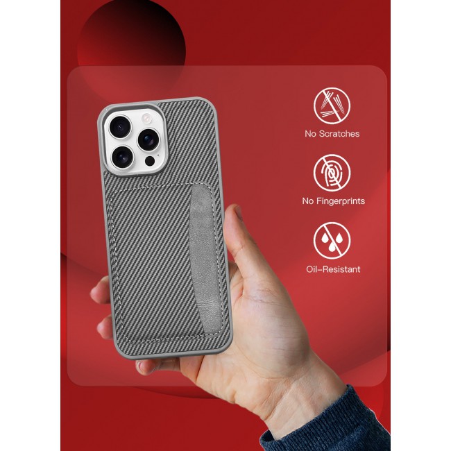 CATANES iPhone 16 Pro Max Case Leather Antifingerprint Cover with Detachable Wallet Card Slot Shell Insert Card Holder Anti Fall Protection Carbon Fiber Design - Grey
