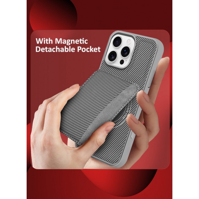 CATANES iPhone 16 Pro Max Case Leather Antifingerprint Cover with Detachable Wallet Card Slot Shell Insert Card Holder Anti Fall Protection Carbon Fiber Design - Grey