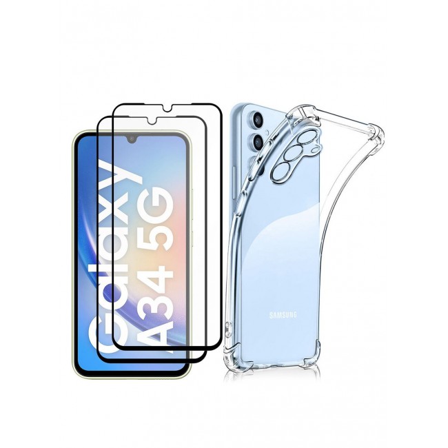 CATANES 3 Packs Of Samsung Galaxy A34 Clear Case and 2 Screen Protectors TPU Gorilla Case Cover Reinforced Corner Shock Absorption Anti Scratch Anti Yellow Ultra Thin Case