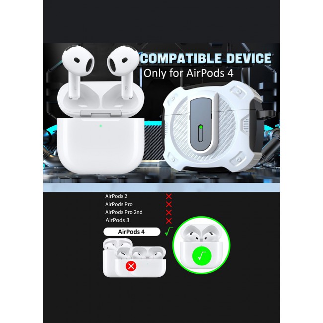 CATANES Airpods 4 Case Hard Shell Protective Armor LED Visible Wireless Charging Case Cover with Lock - White