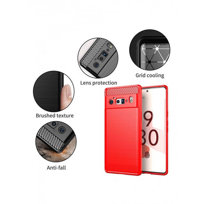 CATANES Google Pixel 6 Pro Case Slim Soft TPU Brushed Carbon Fiber Anti-Fingerprint Shockproof Cover Red