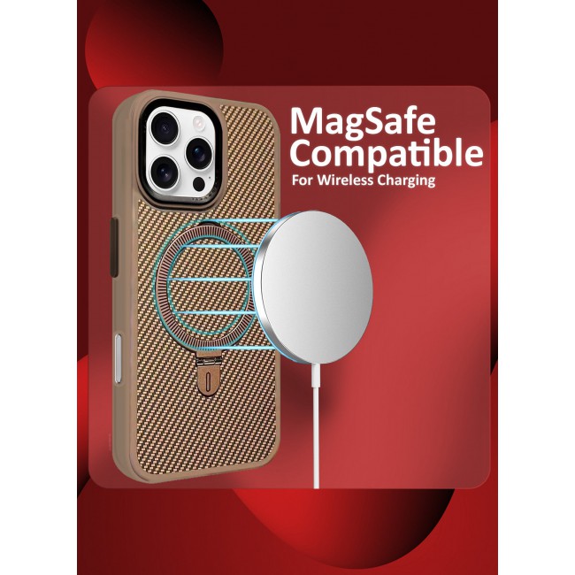 CATANES ( for iPhone 16 Pro Max ) Carbon Fiber Case Cover, Kickstand Metal Bracket, Magsafe Compatible - Beige