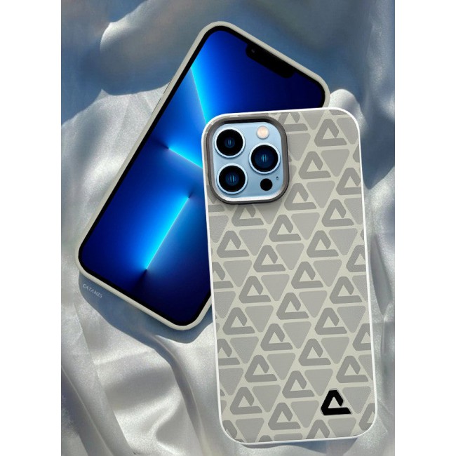 CATANES (for iPhone 13 Pro Max) Case Leather Back Cover Triangle Pattern Shockproof Protective Phone Case Light Beige