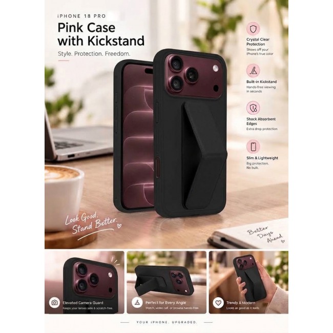 CATANES For iPhone 18 Pro Case Durable PU Leather Cover with Secure Finger Ring and Stand Support - Black