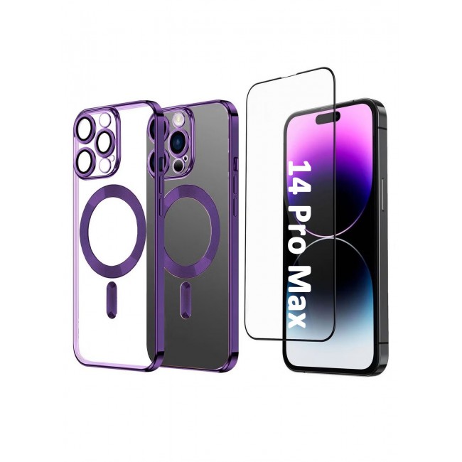 CATANES 2Pack for iPhone 14 Pro Max Magsafe Case and Screen Protector Clear Electroplating Frame Wireless Charging Cover with Tempered Glass Purple/Clear