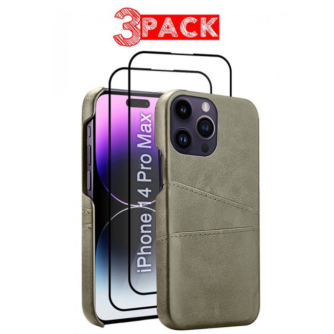CATANES iPhone 14 Pro Max 3Packs Case Cover Leather with Card Holder for Men Women Phone Case with 3D Screen Protector - Grey
