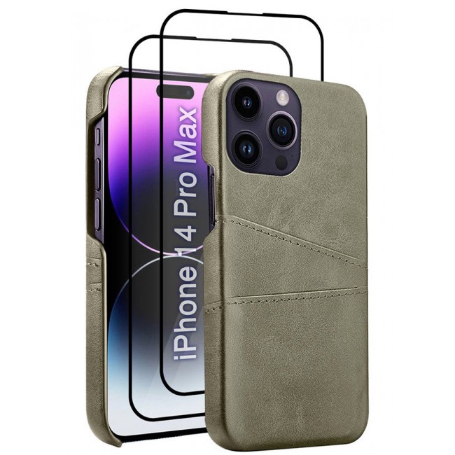 CATANES iPhone 14 Pro Max 3Packs Case Cover Leather with Card Holder for Men Women Phone Case with 3D Screen Protector - Grey