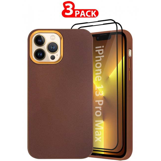 CATANES iPhone 13 Pro Max 3 Pack Vegan Leather Case, 1 Cover with 2 Screen Protectors, Slim Fit, Raised Edges for Camera and Screen Protection